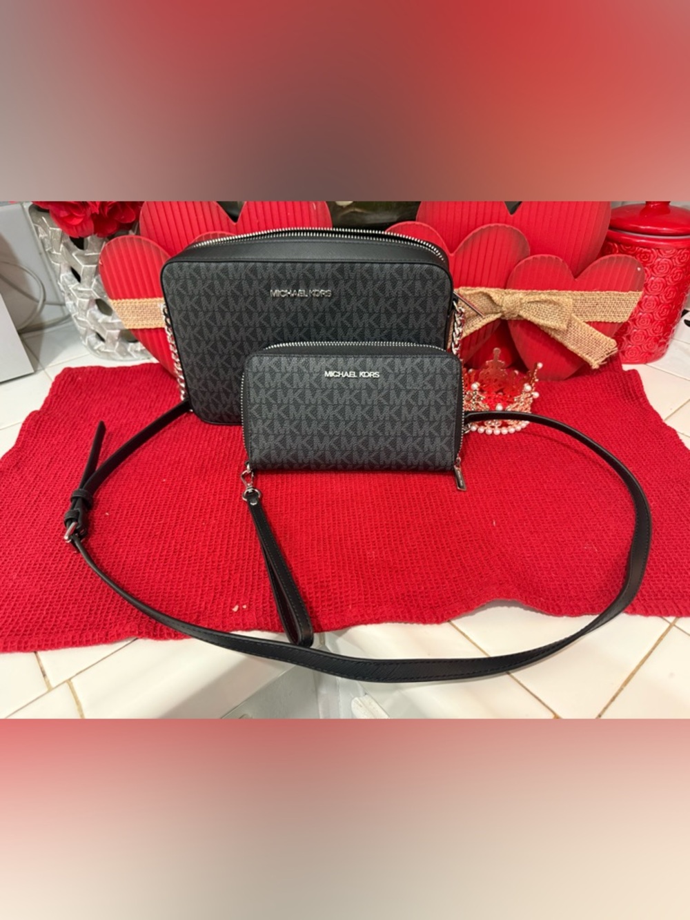 Michael Kors Black Signature MK Crossbody Bag with Wallet Set